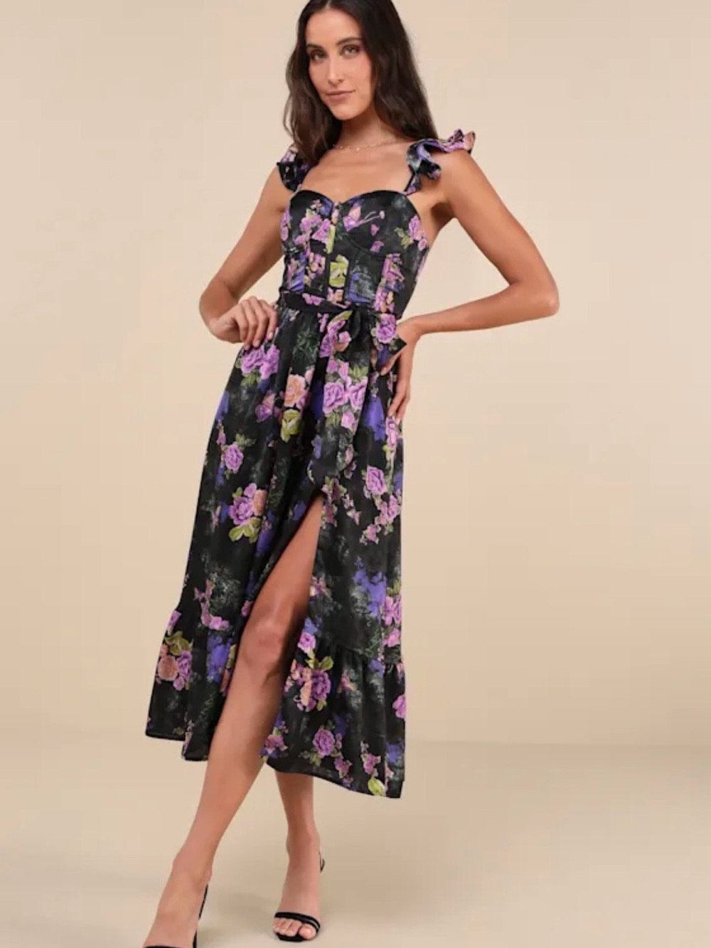 Lulus Sweet Like Sangria Black Floral Ruffled Bustier Midi Dress size M